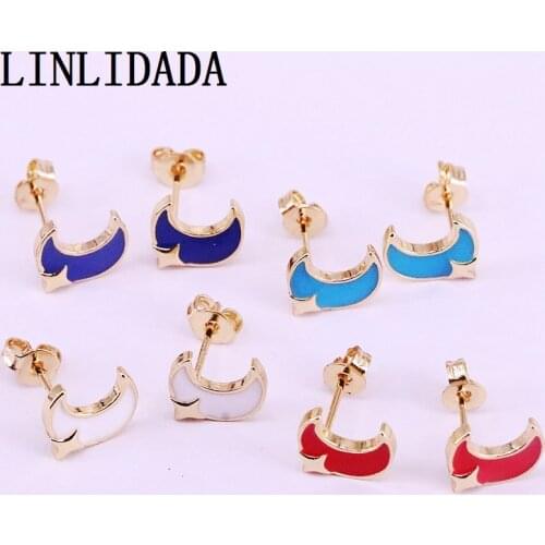 12Pair Red/Blue/White Color Enamel Moon Gold Color Stud Earrings Women Girl Party Jewelry