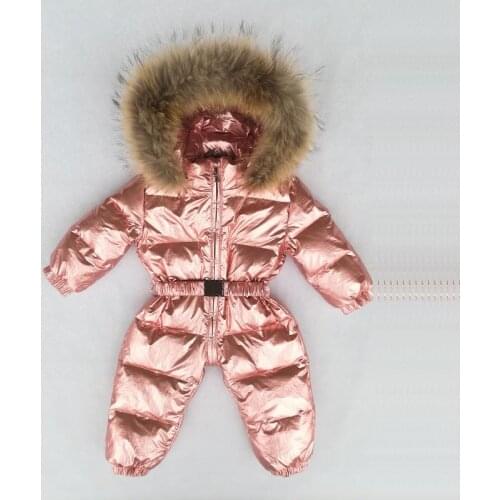 2019 Winter Thicken Warm Baby Kids Down Jumpsuits Faux Fur Hooded Children Romper Glossy Zipper Boys Girls Jumpsuits 12M-4T