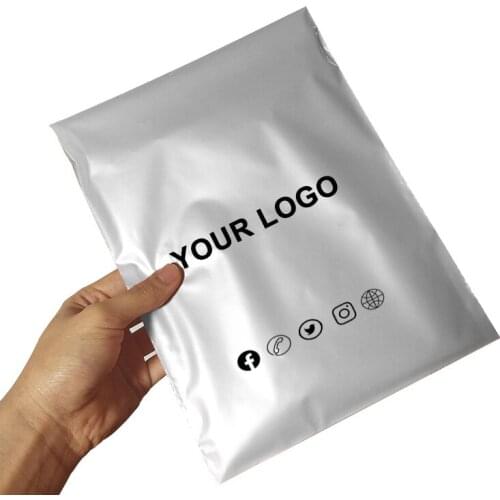 50pcs Bags Silver poly mailer with logo,custom design Grey shipping bag,custom brand postage bag courier selfseal bag with logo