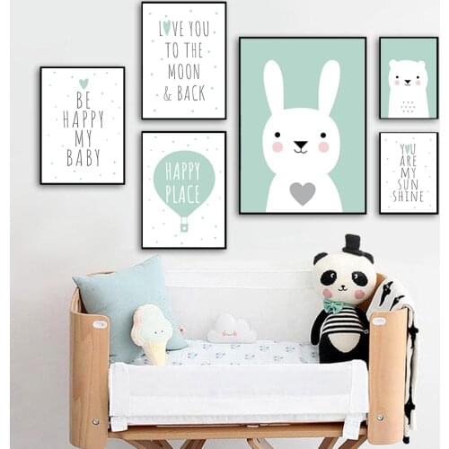Abstract Rabbit Bear Animal Wall Art Poster Balloon Art Print Quotes Canvas Painting Nordic Pictures Baby Kids Boys Room Decor