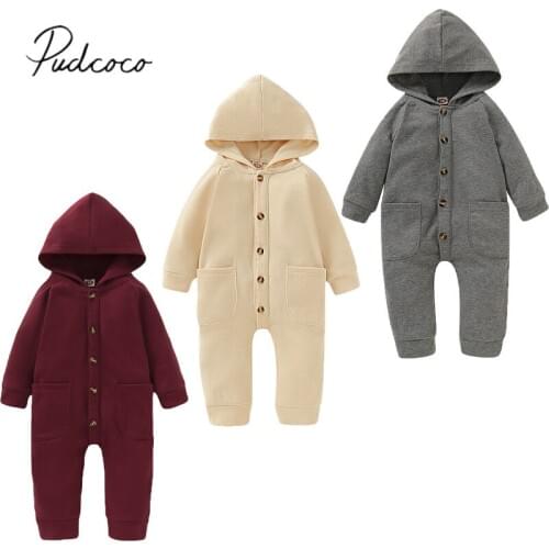 2019 Baby Spring Autumn Clothing Newborn Infant Baby Boy Girls Kid Solid Long Sleeve Hooded Button Pockets Romper Winter Warm