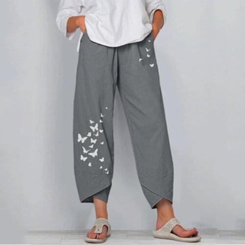 Women Cotton Linen Harem Pants Pocket Casual Loose Solid Elastic Waist Wide Leg Vintage Print Trousers Plus Size 5XL Pantalon