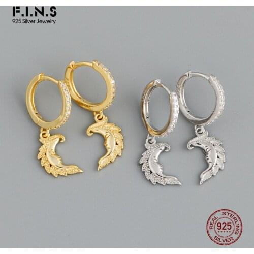 F.I.N.S Exquisite Pure Sterling Silver Moon Earrings Cubic Zirconia Round Hoops 925 Silver Dangle Earrings Woman Fine Jewelry