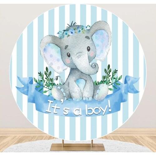 Laeacco Elephant Baby Shower Birthday Party Round Circle Background Photography Blue White Stripe Flower Pattern Photo Backdrop