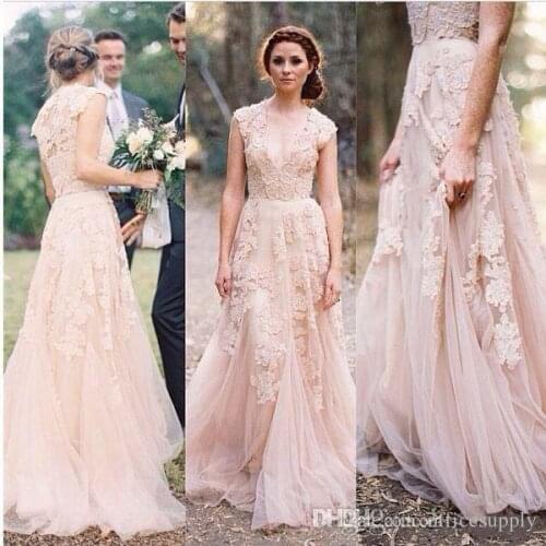Hot Blush Lace Wedding Dresses V Neck Cap Sleeves Reem Acra Puffy Bridal Gowns Vintage Country A-line Floor Wedding Gowns