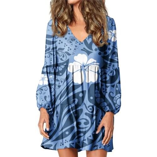 Hycool Newest Sky Blue Sexy V Neck Lantern Sleeve Loose Home Dress Custom Hawaiian Polynesian Fashion Print Plus Size Dress 2021