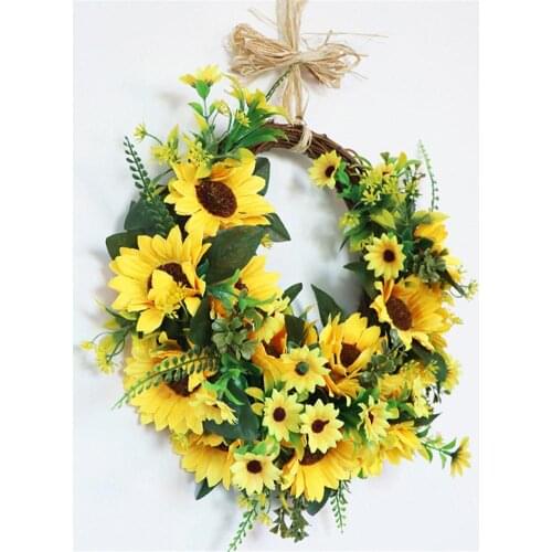 40cm Natural Rattan Artificial Sunflower Wreath Simulation Realistic Plant Hanging Garland For Indoor Outdoor Decoration