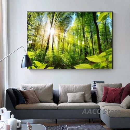 Green Forest Scenery Prints Canvas Painting Trees Landscape Poster and Wall Picture for Room Home Cuadros One Piece Decoration