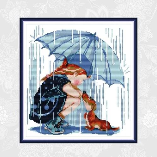 Girls and Dog in the Rain Cross-stitch Paintings Handwork Embroidery Aida Canvas 11CT 14CT Wholesale Needlework Home Decor