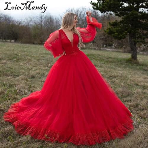 Red Muslim Evening Dresses 2021 Puffy Ball Gown Deep V-Neck Prom Dress Arabic Dubai Long Sleeves Robe De Soiree