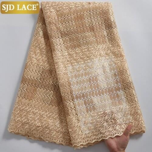 SJD LACE Beige 5Yards Nigerian African Mesh Lace Fabric Embroidery Beads French Net Lace Fabrics For Bride Garments Sewing A2329