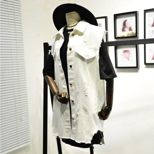 Yellow Oversize Sleeveless Jacket Women Black Denim Vest Korean Loose Jeans Coat Asymmetry Hole Female White Cardigan Outwear