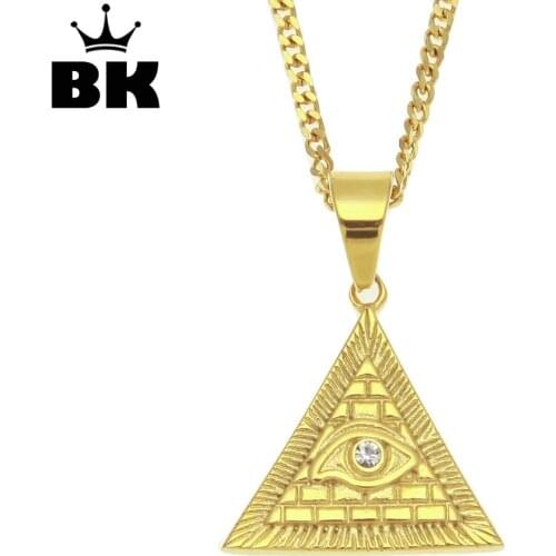 Mens Stainless Steel Gold Tone Charm Hip Hop Eye of Horus Pyramid Egyptian Pendant Egyptian Kemetic Jewelry in Rhinestone
