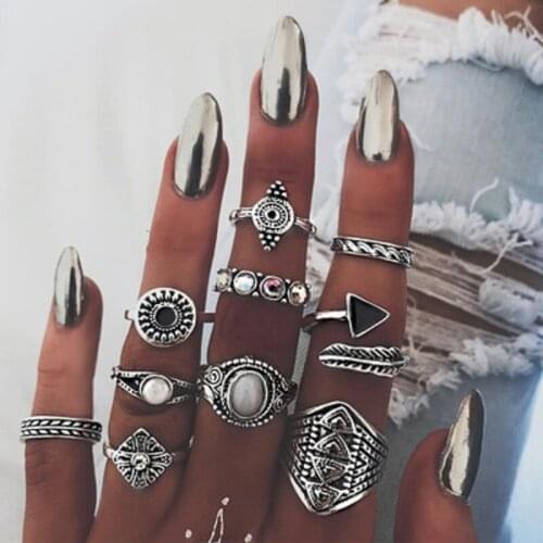 10 Pcs/set Bohemian Retro Crystal Flower Leaves Hollow Lotus Gem Ring Set Women Wedding Anniversary Gift wholesale