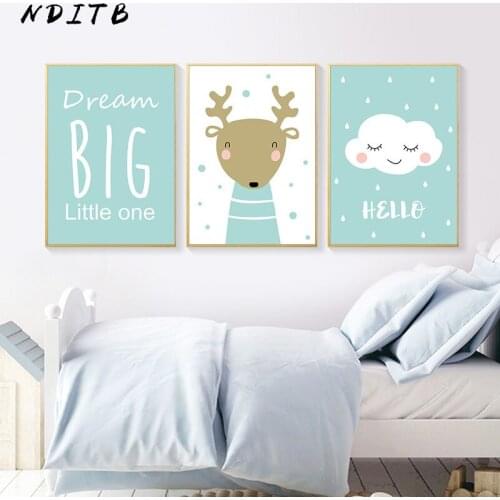 Woodland Animal Cartoon Deer Cloud Poster Print Baby Nursery Wall Art Canvas Painting Nordic Kids Bedroom Decoration Pictures