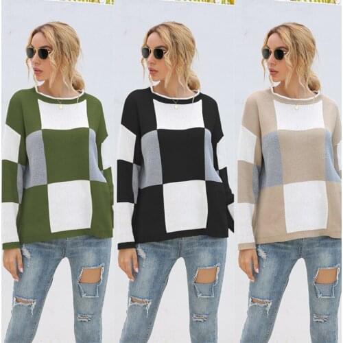 Autumn Knitted Tops 2020 Womens Long Sleeve Loose Pullover Sweaters Color Block Plaid Casual Tee Girls Knitwear Sweter