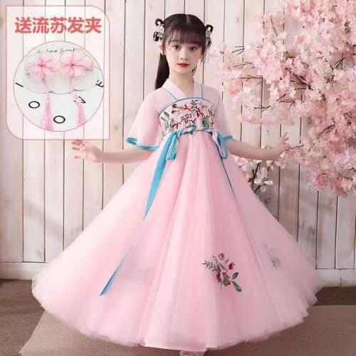 150cm 11 12 years old Big Girls' Hanfu childrens ancient summer short sleeve Chinese antique skirt Fairy Light yarn Tang dress