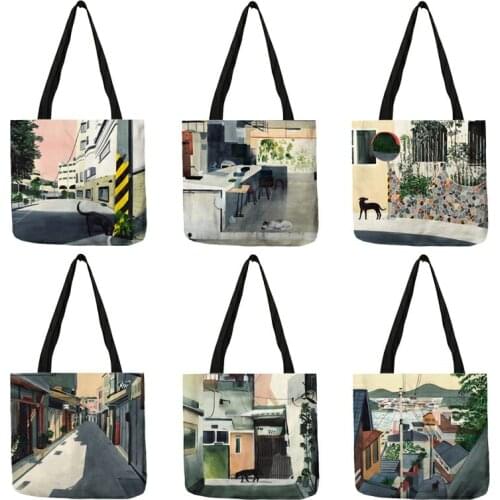 Jananpese Style Tote Shopping Bag Cats in the City Corner Healing Series Womens Handbag Large Casual Shoulder Bags