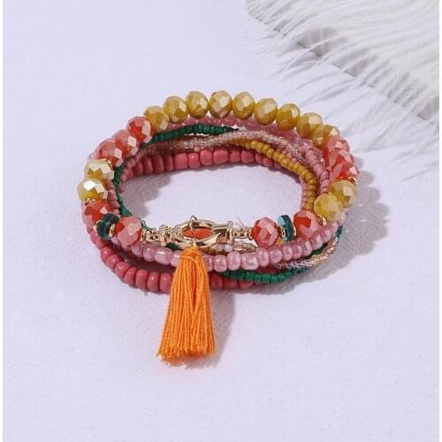 HANJING Vintage Multilayer Tassel Charm Bracelet & Bangle For Women Flower Bohemia Crystal Beads Bracelet Set Female Jewelry