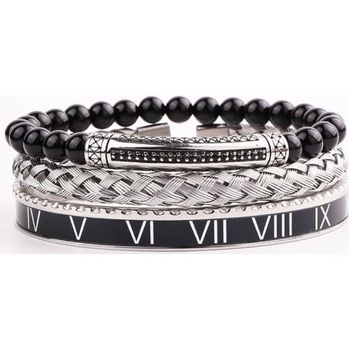 High Quality Men Jewelry 316L Stainless Steel Roman Cuff Bangle Natural Stone Beads Bracelet Set Men
