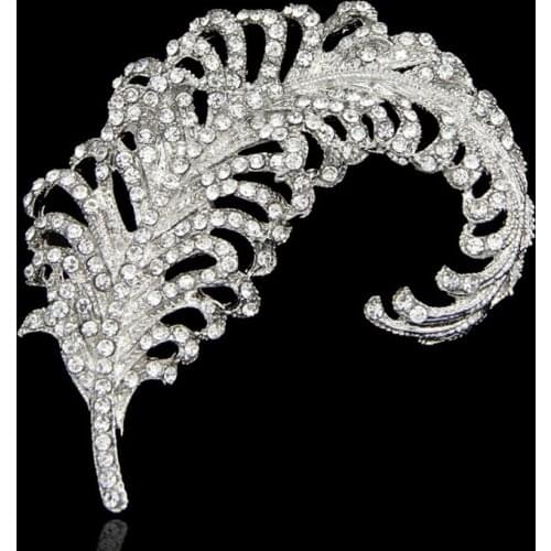 High Quality Sleek Feather Full Rhinestone Silver-color Planting Brooches for Women Brooch Pins Jewelry