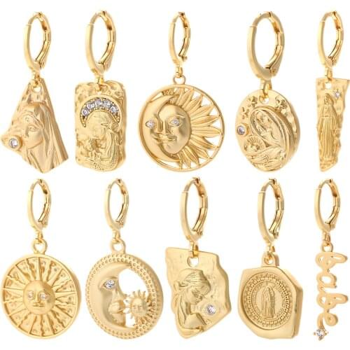 Sun Dangle Earrings for Women Gold Our Lady Earring with Pendant Charms Female Copper Pave Zircon CZ Statement Korean Fashion