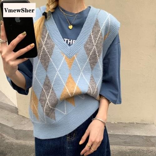 VmewSher New Plaid Women Vest Sweater Spring Fashion Sleeveless Knitted Pullover Vintage Female Autumn Chic Argyle Jumper Tops