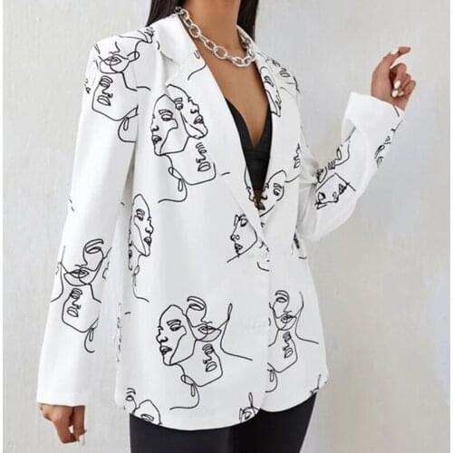 White Abstract Face Print Streetwear Blazer Women Jacket Single Button Loose Elegant Office Lady Coat England Stylish Autumn Top