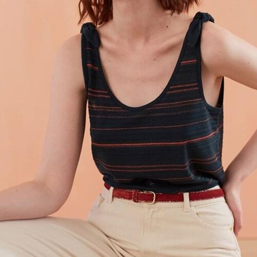 Women Vest 2019 Spring and Summer Blackish Green Shoulder Bowknot Striped Vest