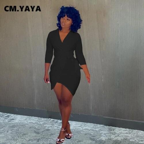 CM.YAYA Women Mini Dress Solid Three Quarter Sleeve V-neck Bandage Sashes Skinny Asymmetrical Dresses Sexy Vestidos Autumn 2021