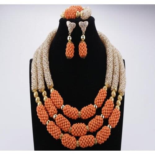 2018 New Design African Beads Jewelry set Orange Gold Beads Elegant Wedding Jewelry Sets For Brides Nigerian jewellery set 2018