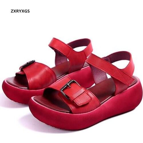 2021 New Fashion Summer Open Toe Sandals Thick-soled Heighten Sandals Genuine Leather Retro Sandals Summer Women Sandal Shoes