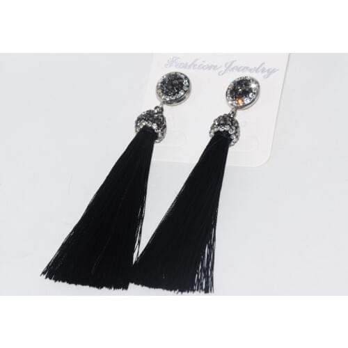 Free Shipping Christmas Jewelry Black Long Silk Dangle Tassel Earrings Girl Rhinestone paved Handmade Tassel Drop Earring Women