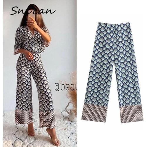Geometrical Checker Print High Waist Pants Za 2021 Office Ladies Loose Satin Long Trousers Pantalon Pour Femme Women Bottom New