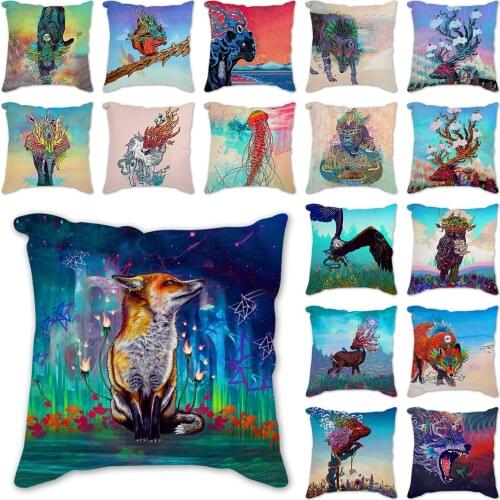 Cushion Cover Linen Throw Pillow Cover Animals and nature Deer fish wolf fox jellyfish Print Pillow Case Home Office Sofa Decor