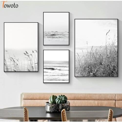 Black and White Coastal Landscape Canvas Painting Sandy Beach Poster Nature Print Modern Wall Art Wall Pictures for Living Room