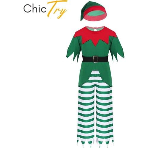 Kids Boys Xmas Costume Christmas Cosplay Party Fairy Outfit Short Sleeves Tops with Striped Pants Hat Belt Set Fancy Dress Up