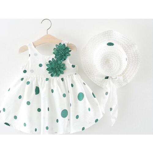 Brand New Toddler Kids Baby Girls Summer Clothes Dot Flower Dress Pageant Tutu Dresses+Bow Hat 2pcs
