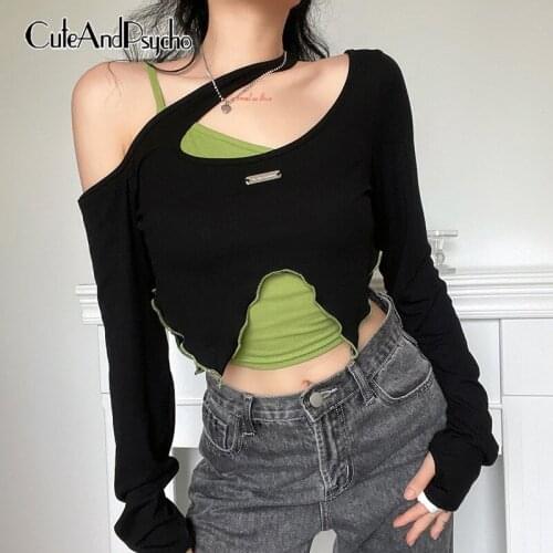 Asymmetrical Neck Two Piece Tshirts Casual Fashion Korean Contrast Color Crop Tops Retro Aesthetic Streetwear Tees Cuteandpsycho