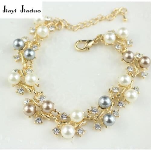 Jiayijiaduo Simulation pearl bracelet ladies gold color link chain crystal bridal wedding jewelry bracelet and bracelet 812