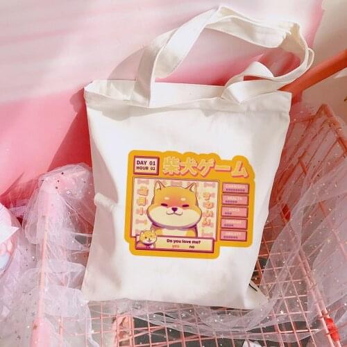 Kawaii Cute Shiba Inu Doge Print Shoulder Bags Shopping Bag Aesthetic Harajuku Canvas Totes Casual Handbag for Women Bookbag