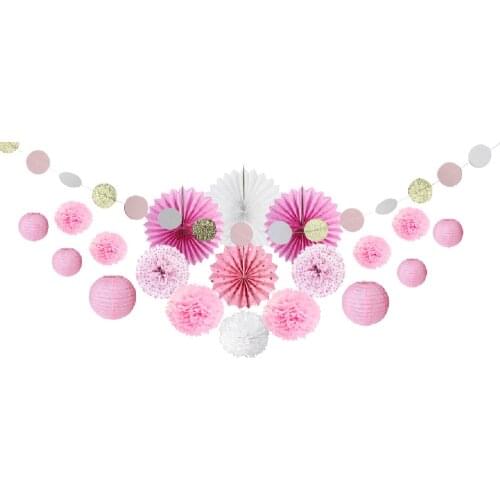 Pink Party Decoration Kit Circle Garland Polka Dots Paper Fans Lanterns Pom Poms for Wedding Princess Birthday Party Showers