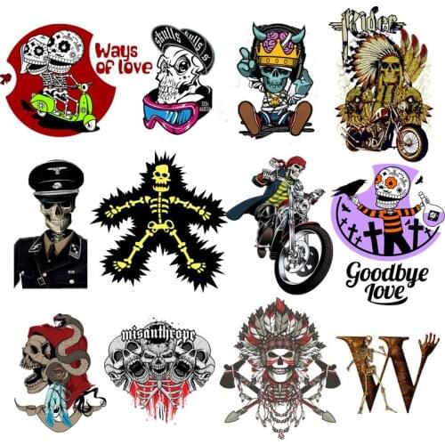 Skull Heat Transfer Punk Patch Iron On Transfer For Clothing Motorcycle Patch Thermo Sticker On Clothes W Sticker Poker Applique
