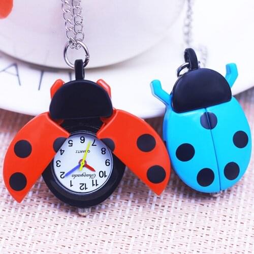 New children boys girls cartoon ladybug necklace pocket watches little kids students lovely cute flip electric clock 9 colors