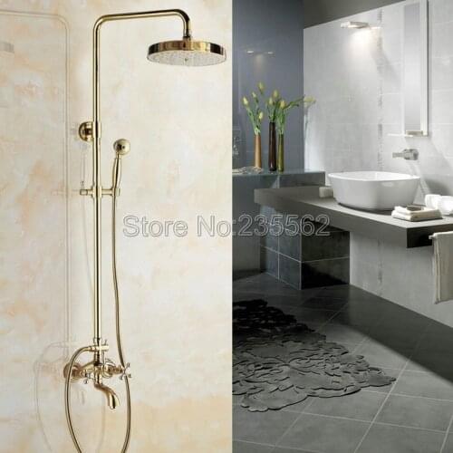 Polished Gold Color Brass Bathroom Rainfall Shower Mixer Faucet Set with Bathtub Taps + Handheld Shower lgf445