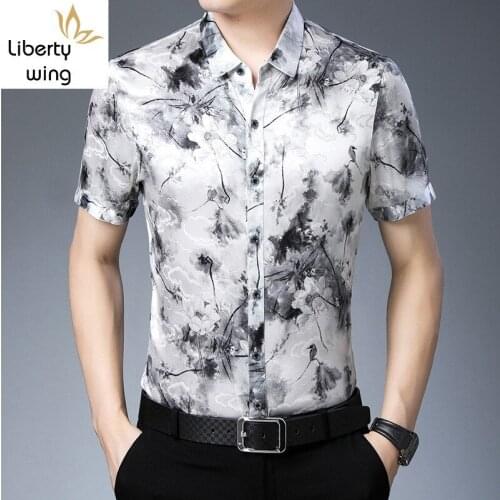 Summer Business Casual 100% Short Sleeve Men Top Quality Loose Vintage Style Silk Printed Formal Shirt Chemise Homme