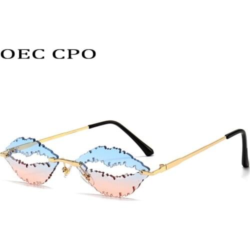 OEC CPO Fashion Rimless Sunglasses Women Unique Lips Shape Glasses Crystal Ocean Lens Sun Glasses Men Shades UV400 Oculos O728
