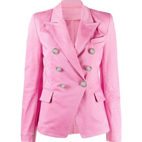 Newest HIGH QUALITY 2021 Designer Blazer Womens Double Breasted Lion Buttons Top Stitching Contrast Pink Denim Jacket Blazer