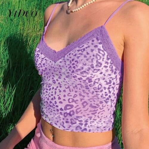 YiDuo Pink Leopard Print Sexy Summer Top Women Backless Patchwork Lace Cami Tops Ladies Sweet Crop Top Streetwear Tank Top 2020