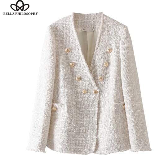 Vintage Stylish Double Breasted Frayed Tweed Jacket Coat Women 2019 Fashion Long Sleeve Ladies Outerwear Casual Casaco Femme